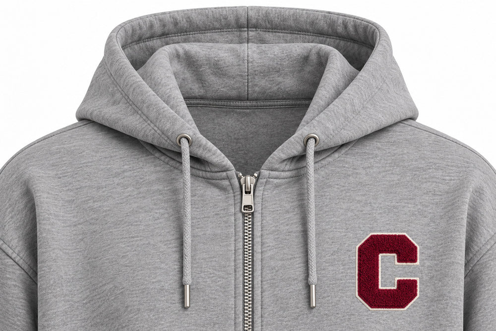 Close-up of the hood and neckline of the Campus Zip heather gray chenille zip-up hoodie