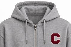 Close-up of the hood and neckline of the Campus Zip heather gray chenille zip-up hoodie
