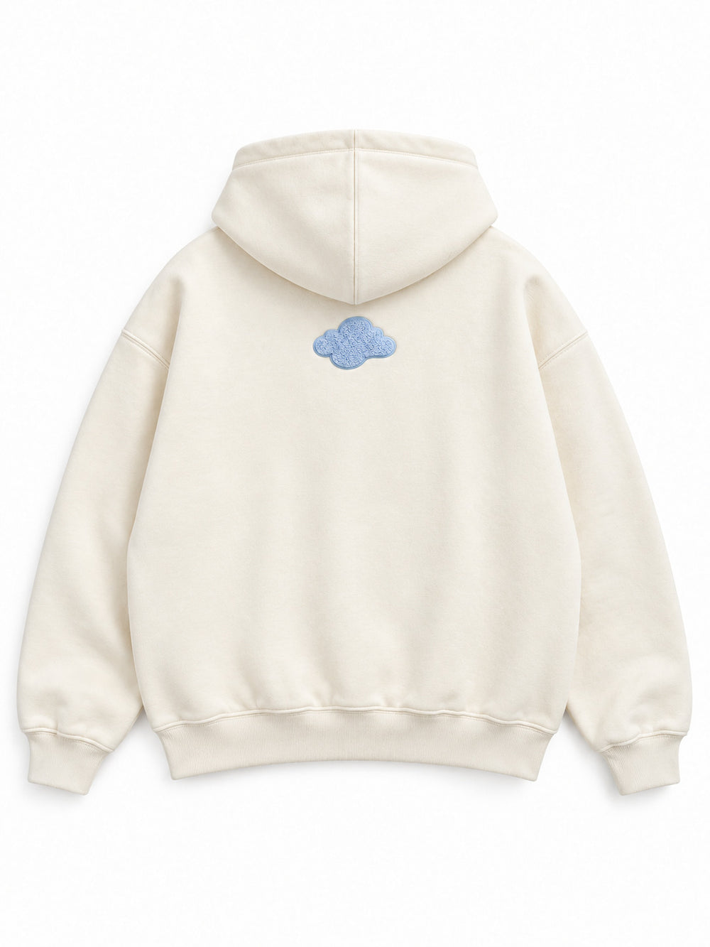 Back view of the Cloud Loop cream chenille oversized hoodie with a small matching blue chenille cloud below the hood