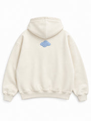 Back view of the Cloud Loop cream chenille oversized hoodie with a small matching blue chenille cloud below the hood