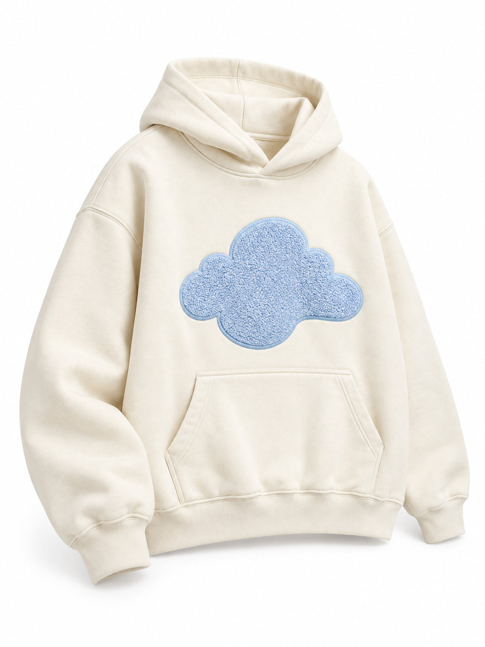 Front three-quarter view of the Cloud Loop cream chenille oversized hoodie