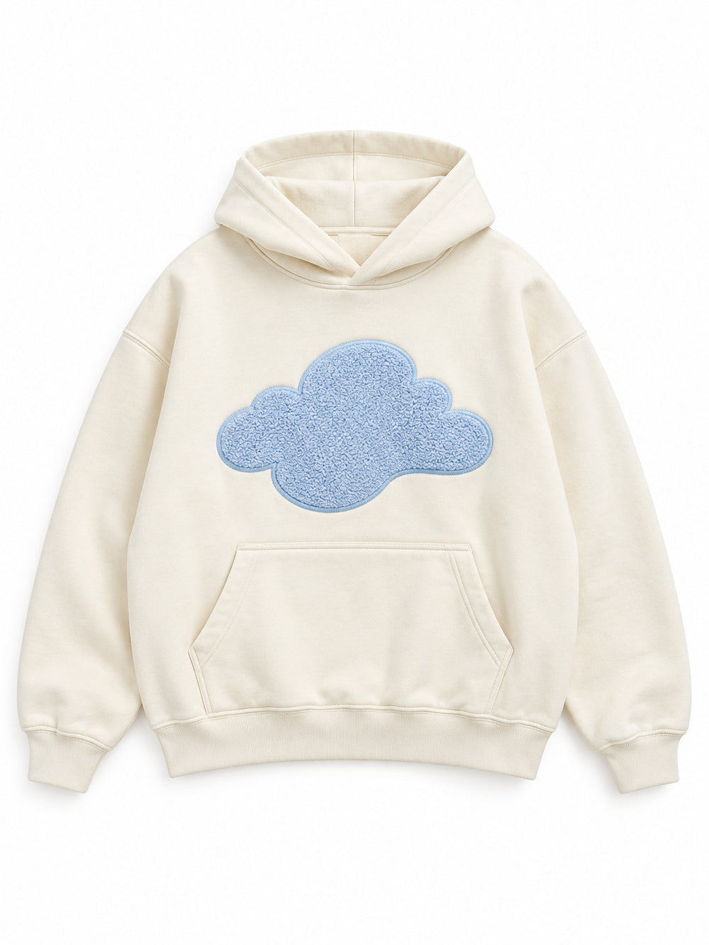 Front view of the Cloud Loop cream chenille oversized hoodie with a large blue chenille cloud across the chest
