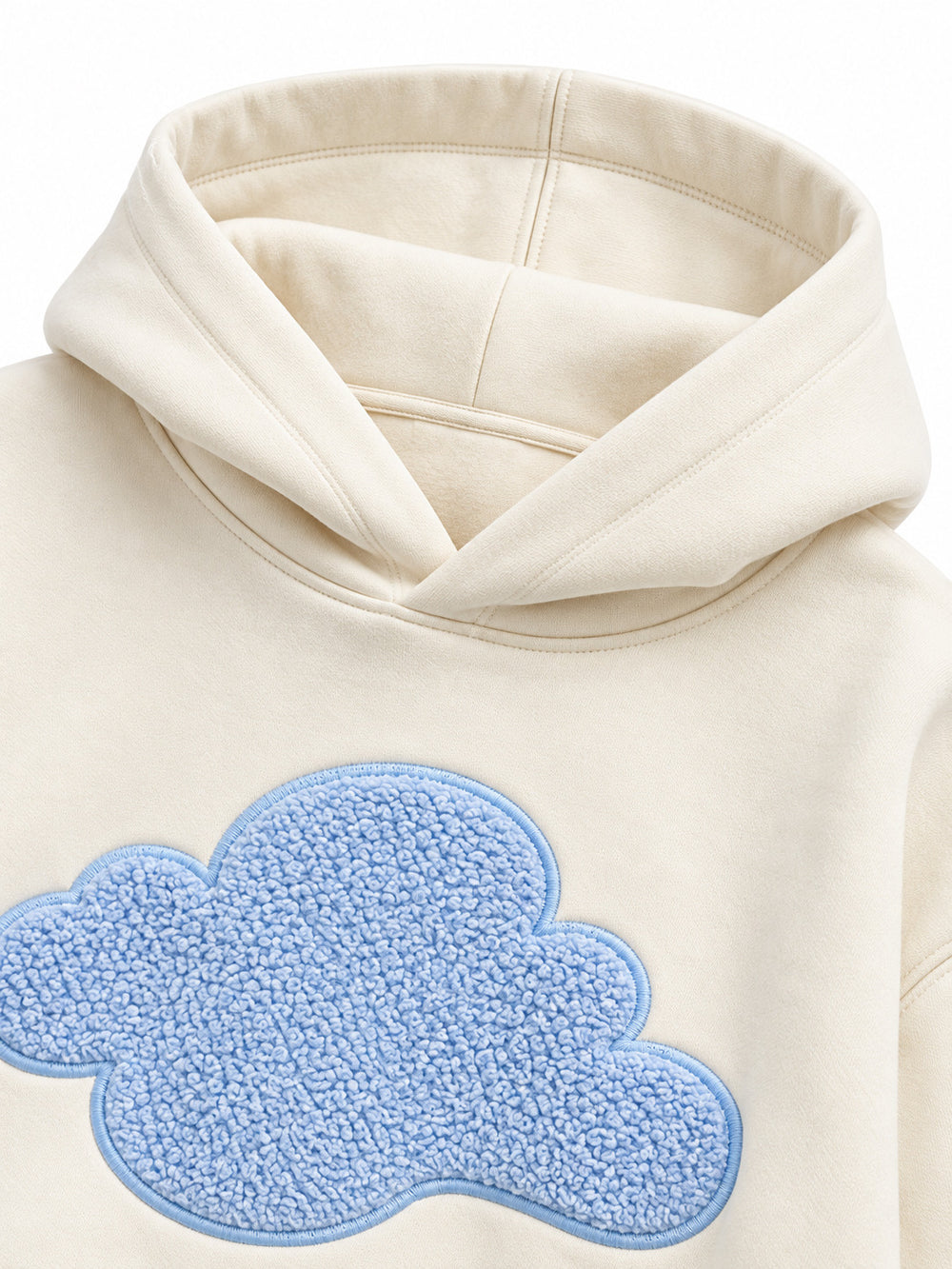 Close-up of the hood and neckline of the Cloud Loop cream chenille oversized hoodie