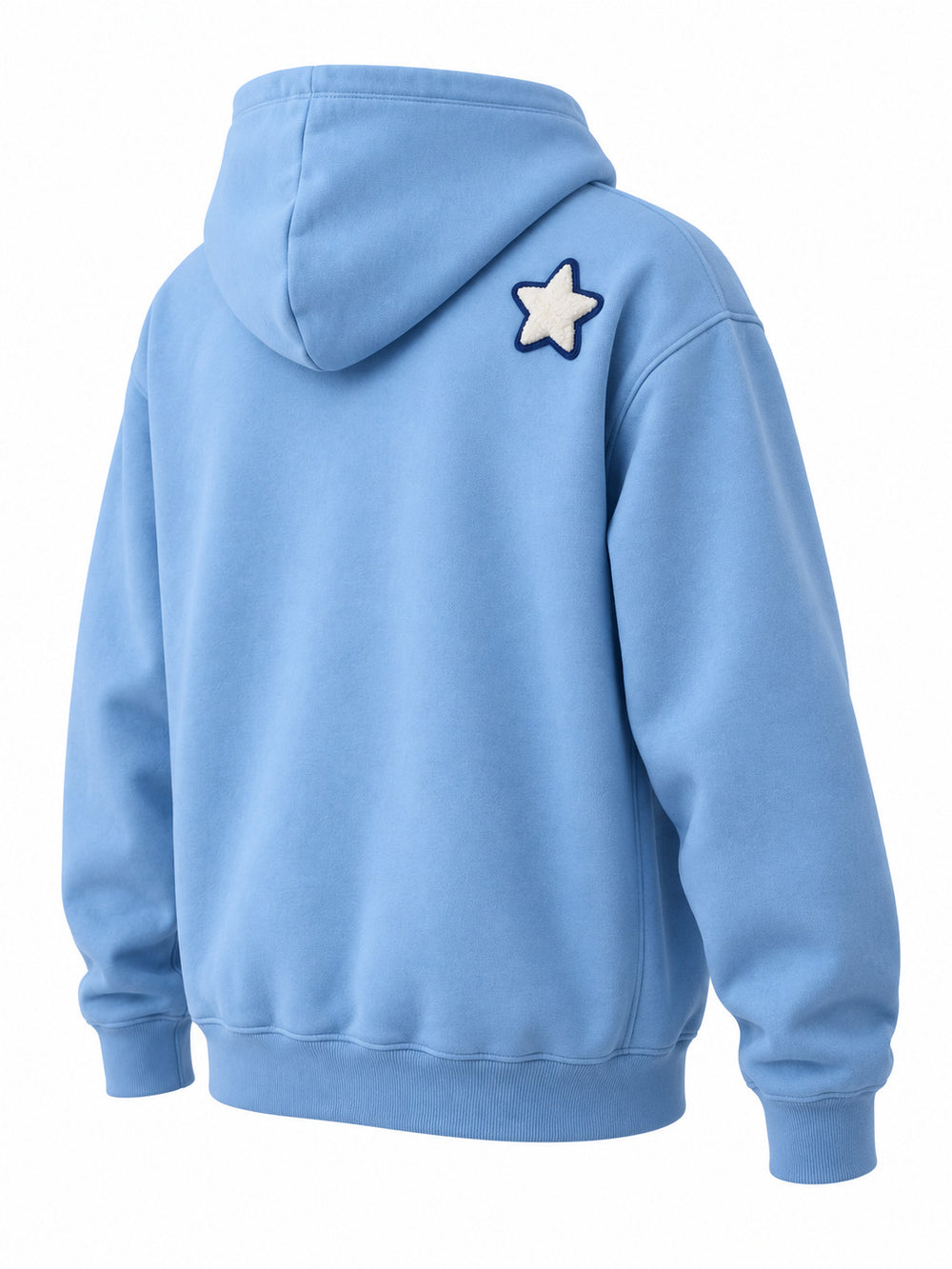 Rear three-quarter view of the Cloud Patch sky blue chenille hoodie