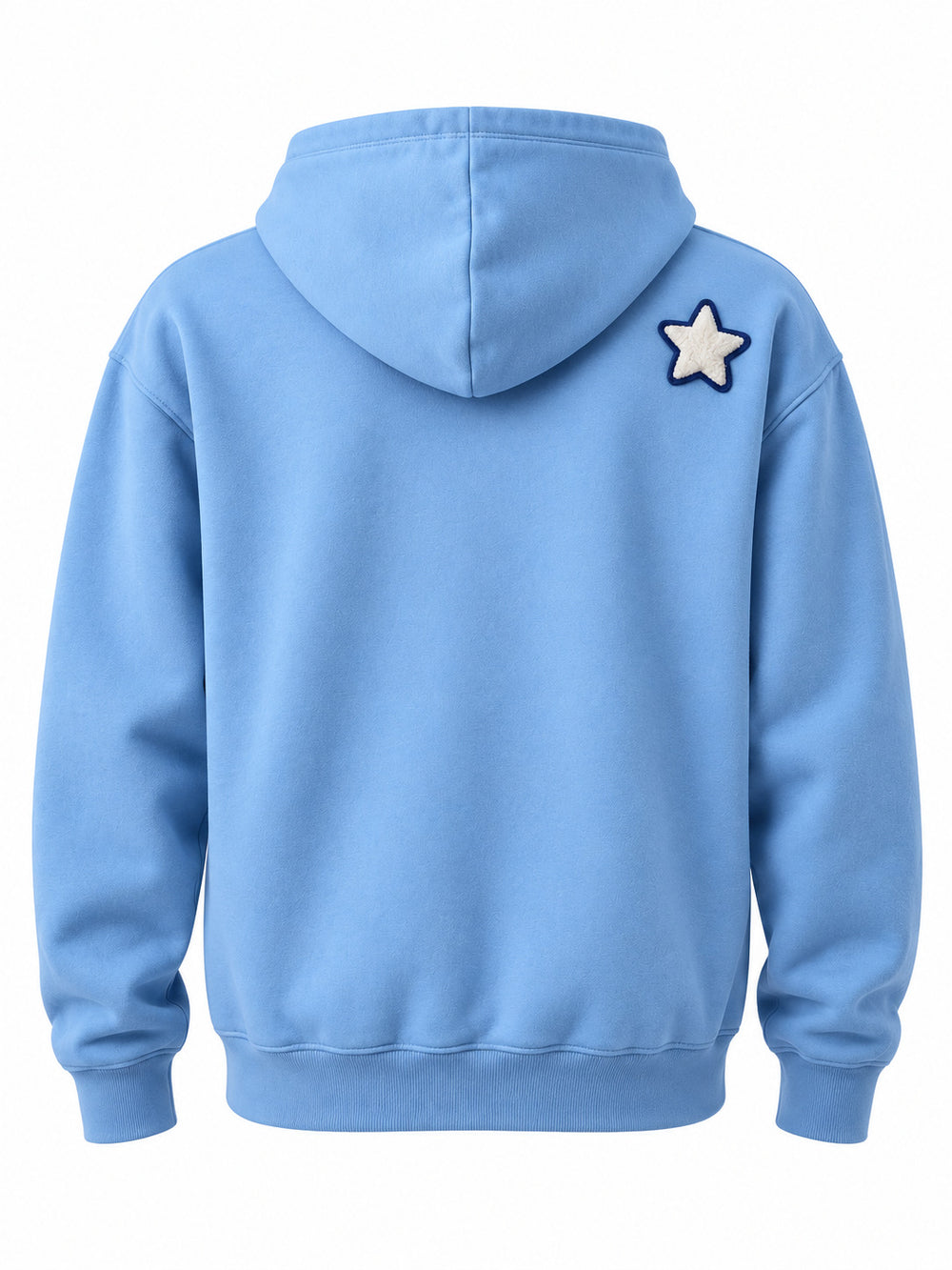 Back view of the Cloud Patch sky blue chenille hoodie with small white chenille star at the shoulder