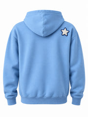 Back view of the Cloud Patch sky blue chenille hoodie with small white chenille star at the shoulder
