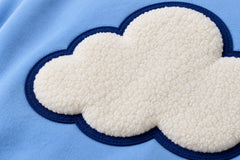 Close-up of the chenille decoration on the Cloud Patch sky blue chenille hoodie