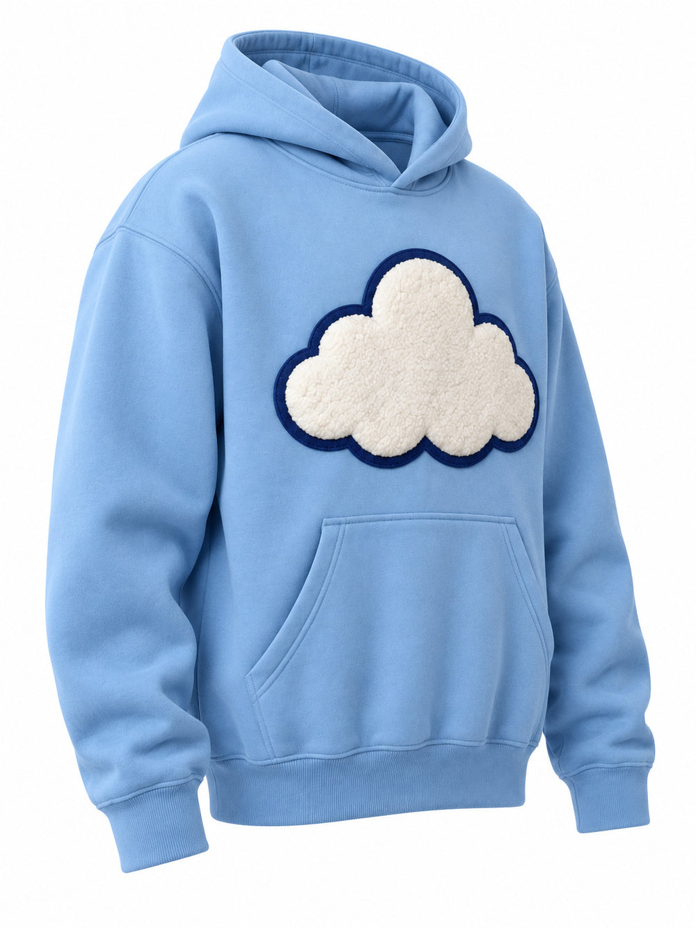 Front three-quarter view of the Cloud Patch sky blue chenille hoodie