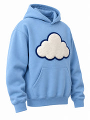 Front three-quarter view of the Cloud Patch sky blue chenille hoodie