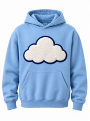 Front view of the Cloud Patch sky blue chenille hoodie with large white chenille cloud outlined in navy felt above the pocket