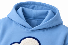 Close-up of the hood and neckline of the Cloud Patch sky blue chenille hoodie
