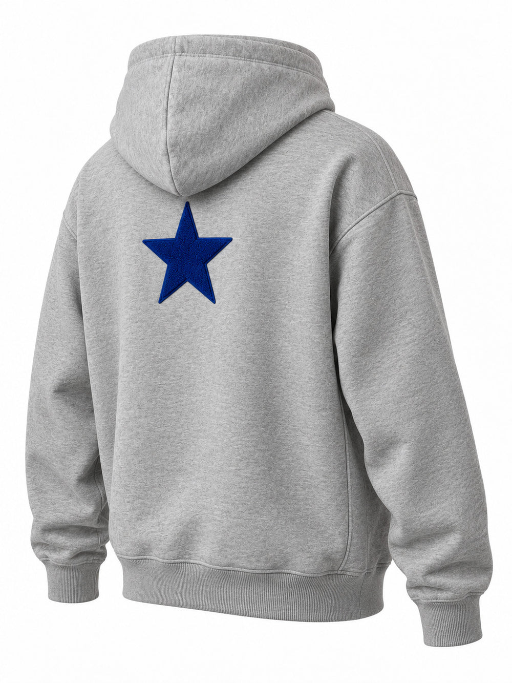 Rear three-quarter view of the Club 86 heather gray chenille boxy hoodie