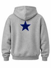 Back view of the Club 86 heather gray chenille boxy hoodie with royal-blue felt star at the upper back