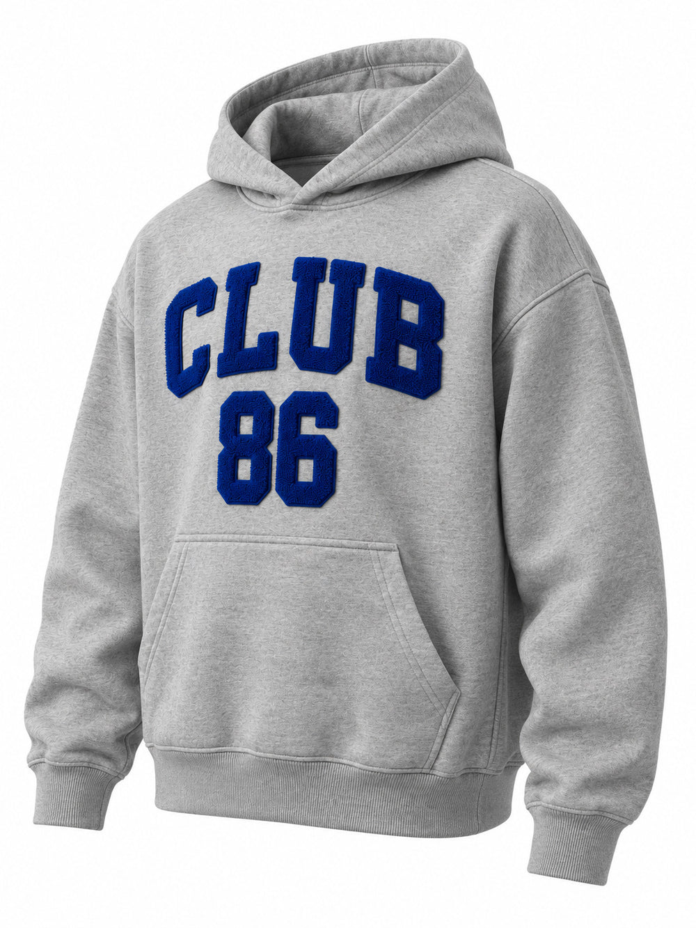 Front three-quarter view of the Club 86 heather gray chenille boxy hoodie