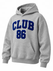 Front three-quarter view of the Club 86 heather gray chenille boxy hoodie
