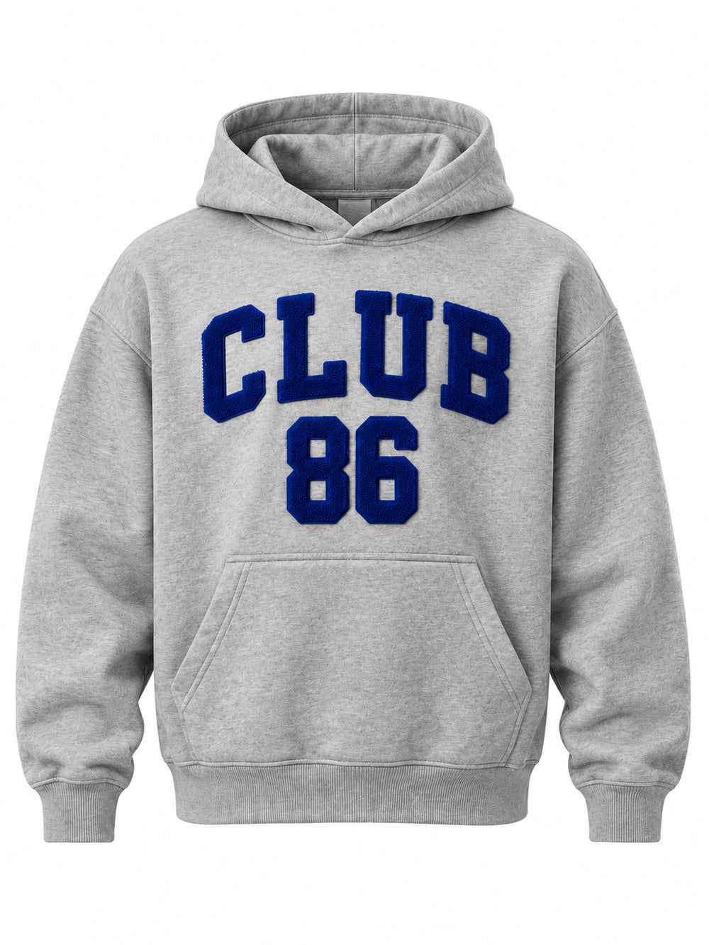 Front view of the Club 86 heather gray chenille boxy hoodie with royal-blue chenille CLUB and 86 stacked above the pocket