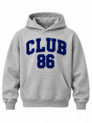 Front view of the Club 86 heather gray chenille boxy hoodie with royal-blue chenille CLUB and 86 stacked above the pocket