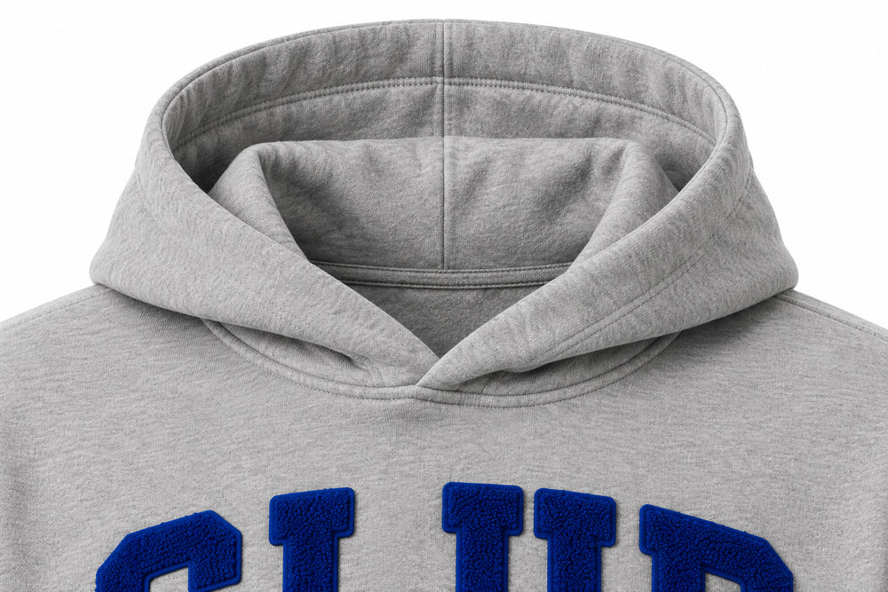 Close-up of the hood and neckline of the Club 86 heather gray chenille boxy hoodie