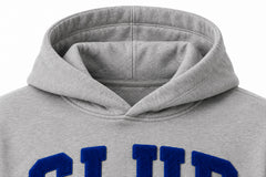Close-up of the hood and neckline of the Club 86 heather gray chenille boxy hoodie