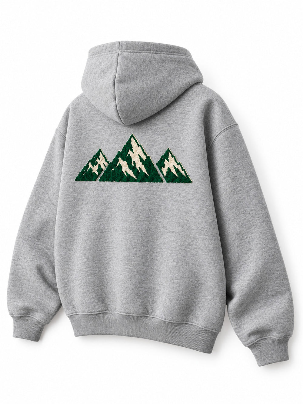 Rear three-quarter view of the Mountain Pile heather grey chenille hoodie
