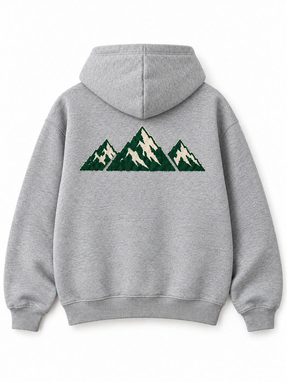 Back view of the Mountain Pile heather grey chenille hoodie with a larger matching mountain-range patch