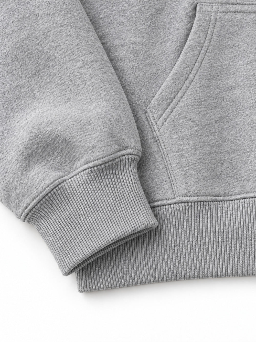 Close-up of the cuff and hem rib of the Mountain Pile heather grey chenille hoodie