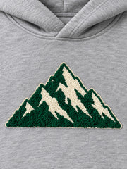 Close-up of the chenille decoration on the Mountain Pile heather grey chenille hoodie