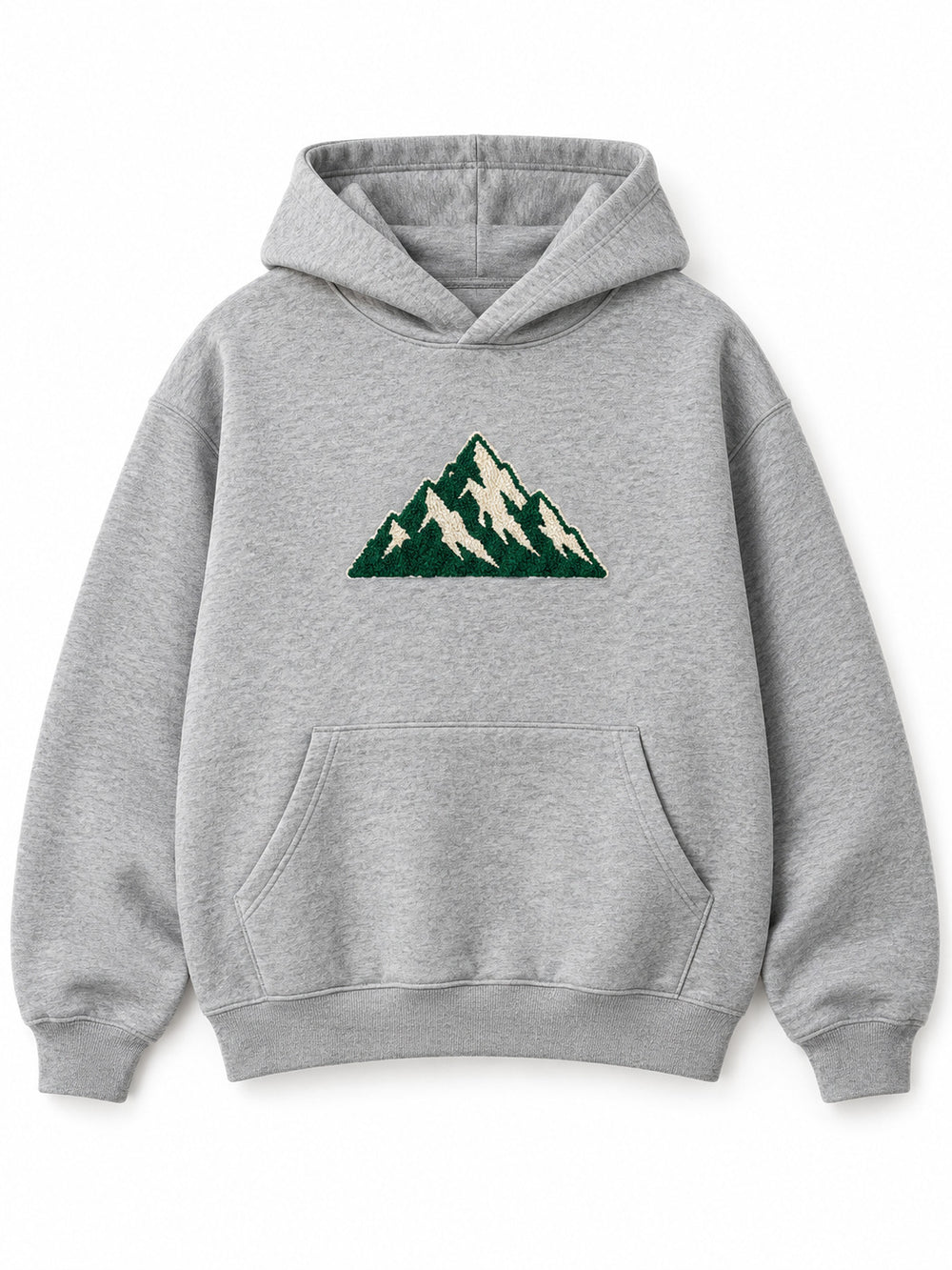 Front view of the Mountain Pile heather grey chenille hoodie with a green and cream chenille mountain patch