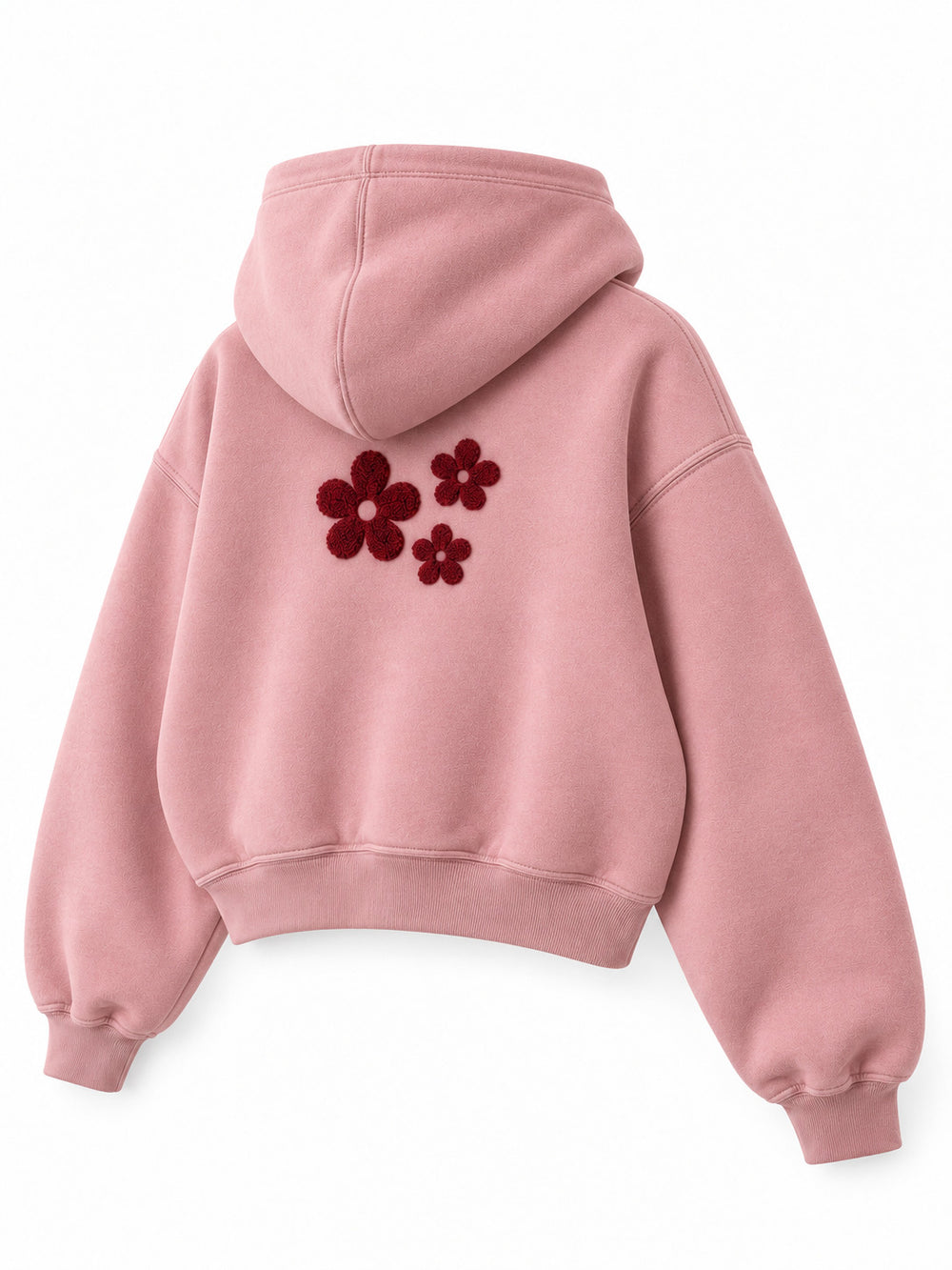 Rear three-quarter view of the Petal Club dusty pink chenille cropped hoodie