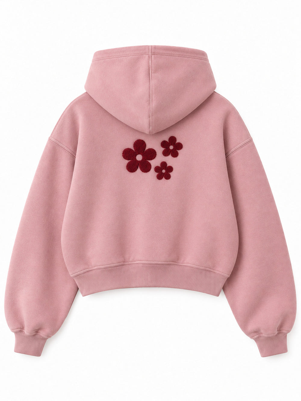 Back view of the Petal Club dusty pink chenille cropped hoodie with a group of smaller burgundy chenille flowers