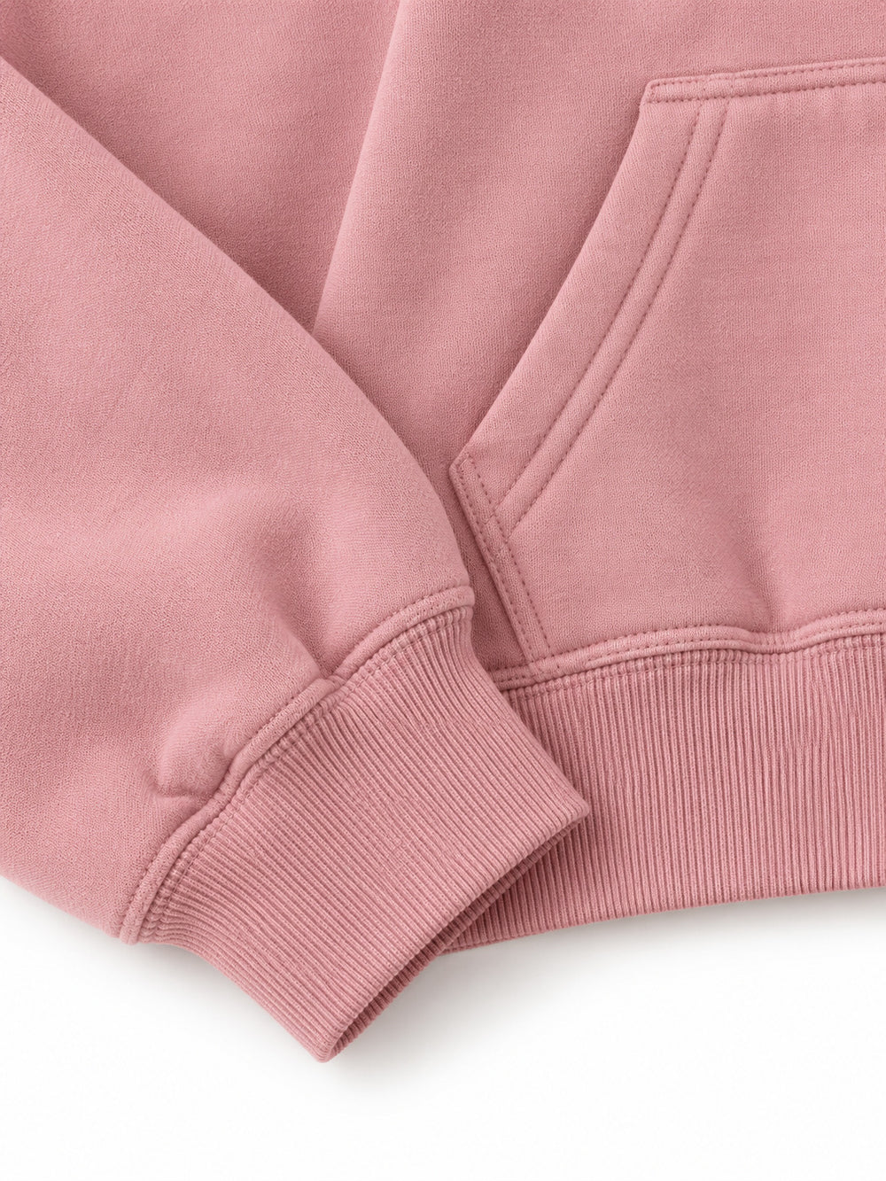 Close-up of the cuff and hem rib of the Petal Club dusty pink chenille cropped hoodie