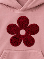 Close-up of the chenille decoration on the Petal Club dusty pink chenille cropped hoodie