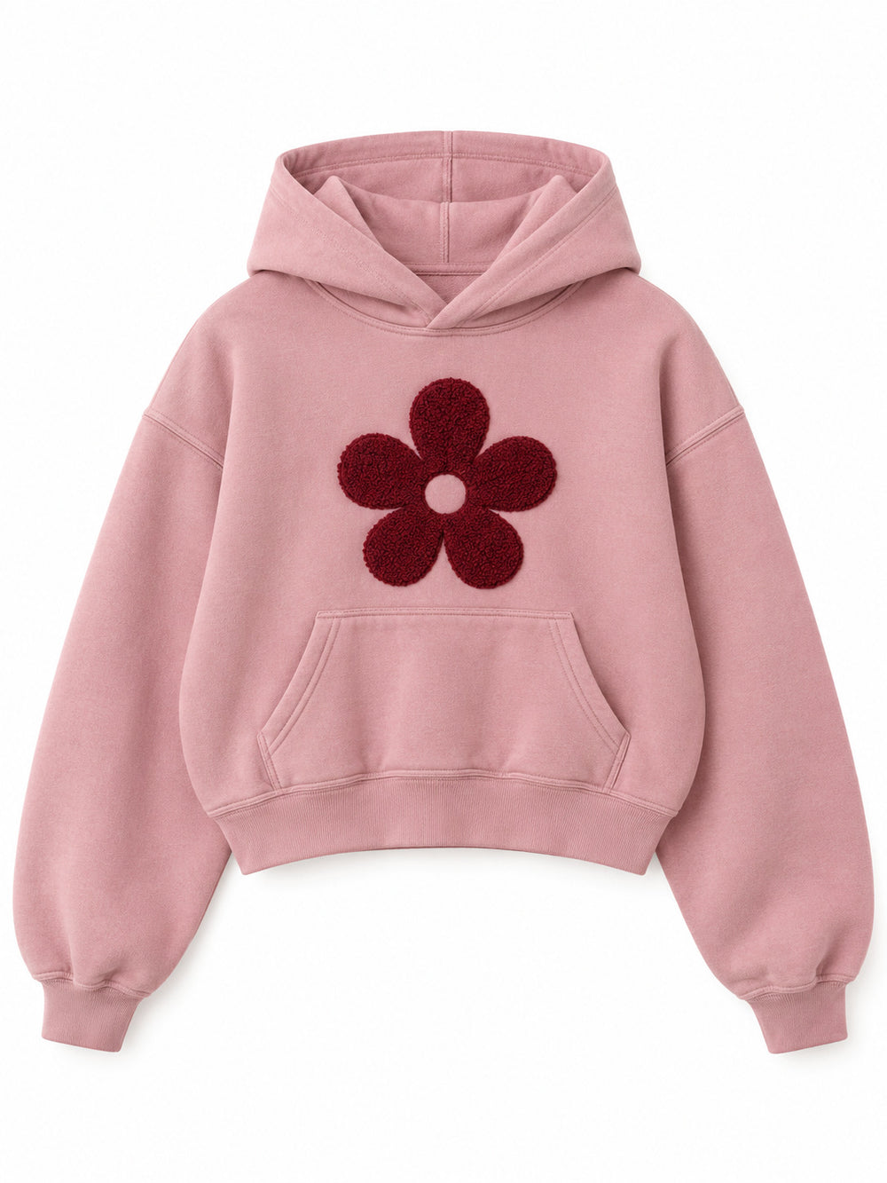 Front view of the Petal Club dusty pink chenille cropped hoodie with a large burgundy five-petal chenille flower