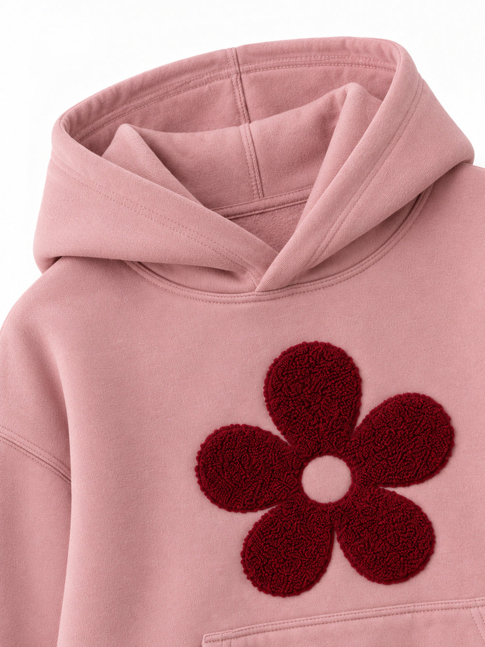 Close-up of the hood and neckline of the Petal Club dusty pink chenille cropped hoodie
