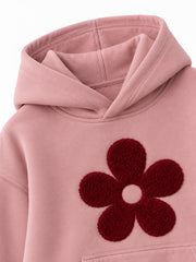 Close-up of the hood and neckline of the Petal Club dusty pink chenille cropped hoodie