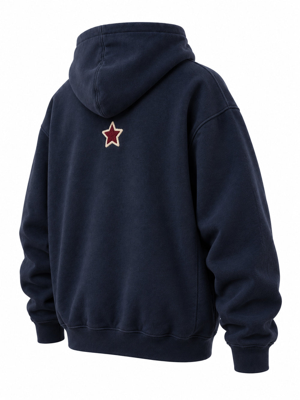 Rear three-quarter view of the Varsity North navy chenille oversized hoodie