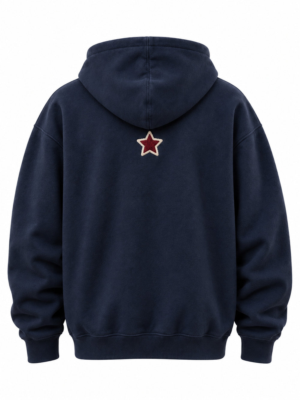 Back view of the Varsity North navy chenille oversized hoodie with small burgundy-and-cream chenille star below the hood