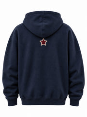Back view of the Varsity North navy chenille oversized hoodie with small burgundy-and-cream chenille star below the hood