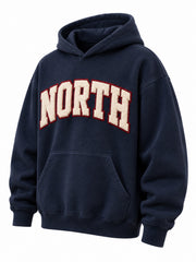 Front three-quarter view of the Varsity North navy chenille oversized hoodie