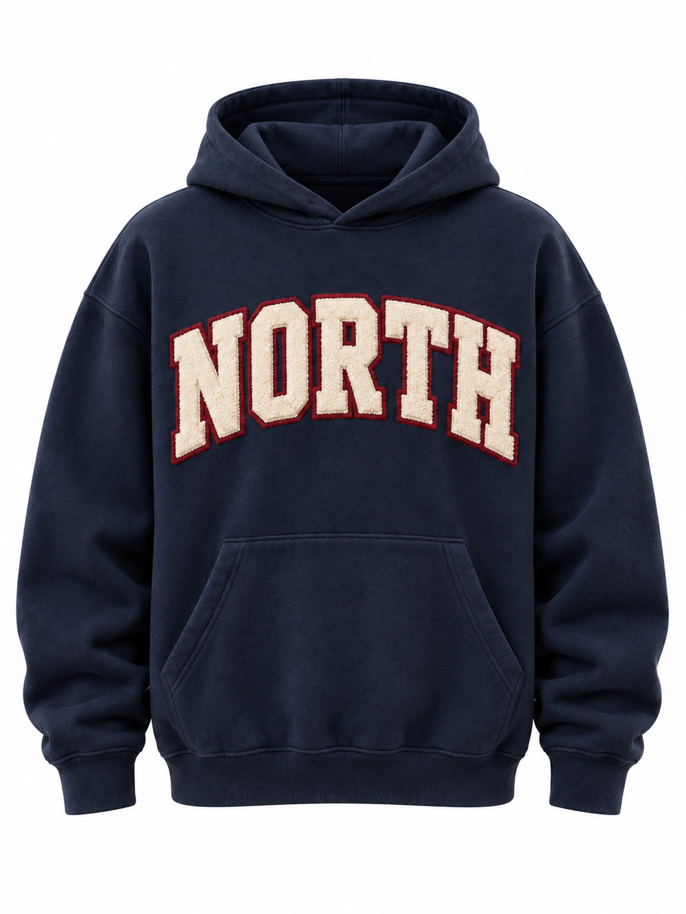 Front view of the Varsity North navy chenille oversized hoodie with large cream NORTH chenille letters with a burgundy felt outline across the chest
