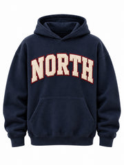 Front view of the Varsity North navy chenille oversized hoodie with large cream NORTH chenille letters with a burgundy felt outline across the chest