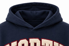 Close-up of the hood and neckline of the Varsity North navy chenille oversized hoodie