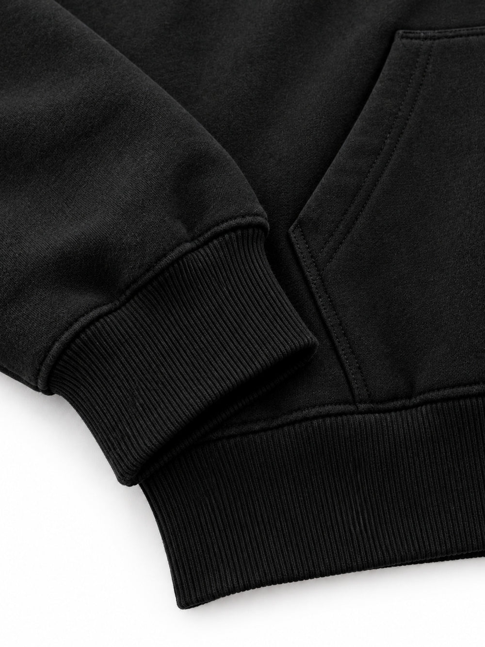 Close-up of the cuff and hem rib of the Wildcat black chenille hoodie