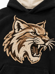 Close-up of the chenille decoration on the Wildcat black chenille hoodie