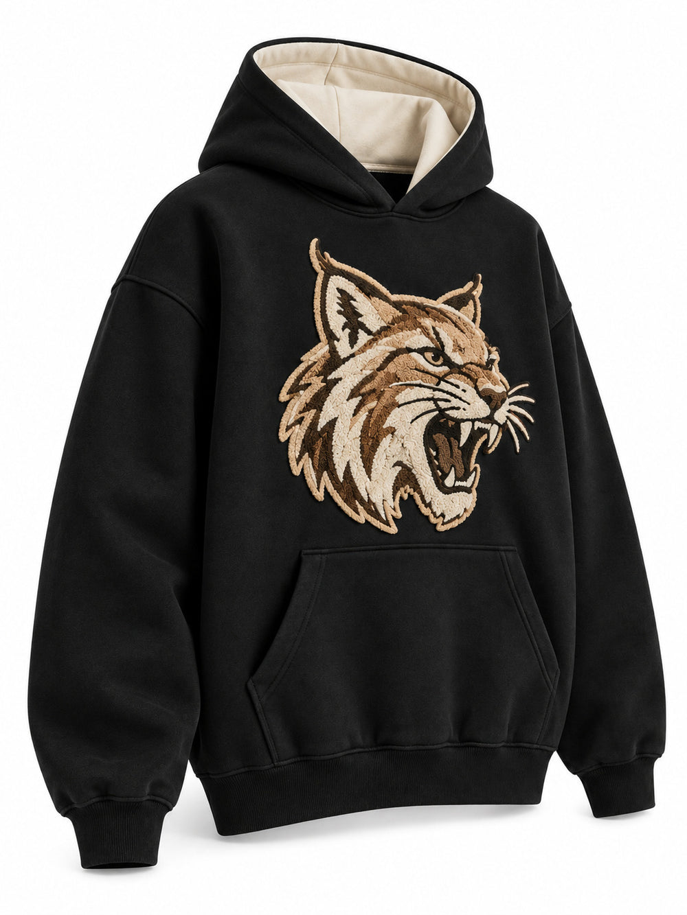 Front three-quarter view of the Wildcat black chenille hoodie
