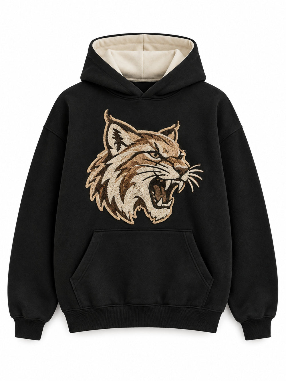 Front view of the Wildcat black chenille hoodie with a large cream and brown wildcat-head patch