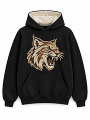Front view of the Wildcat black chenille hoodie with a large cream and brown wildcat-head patch