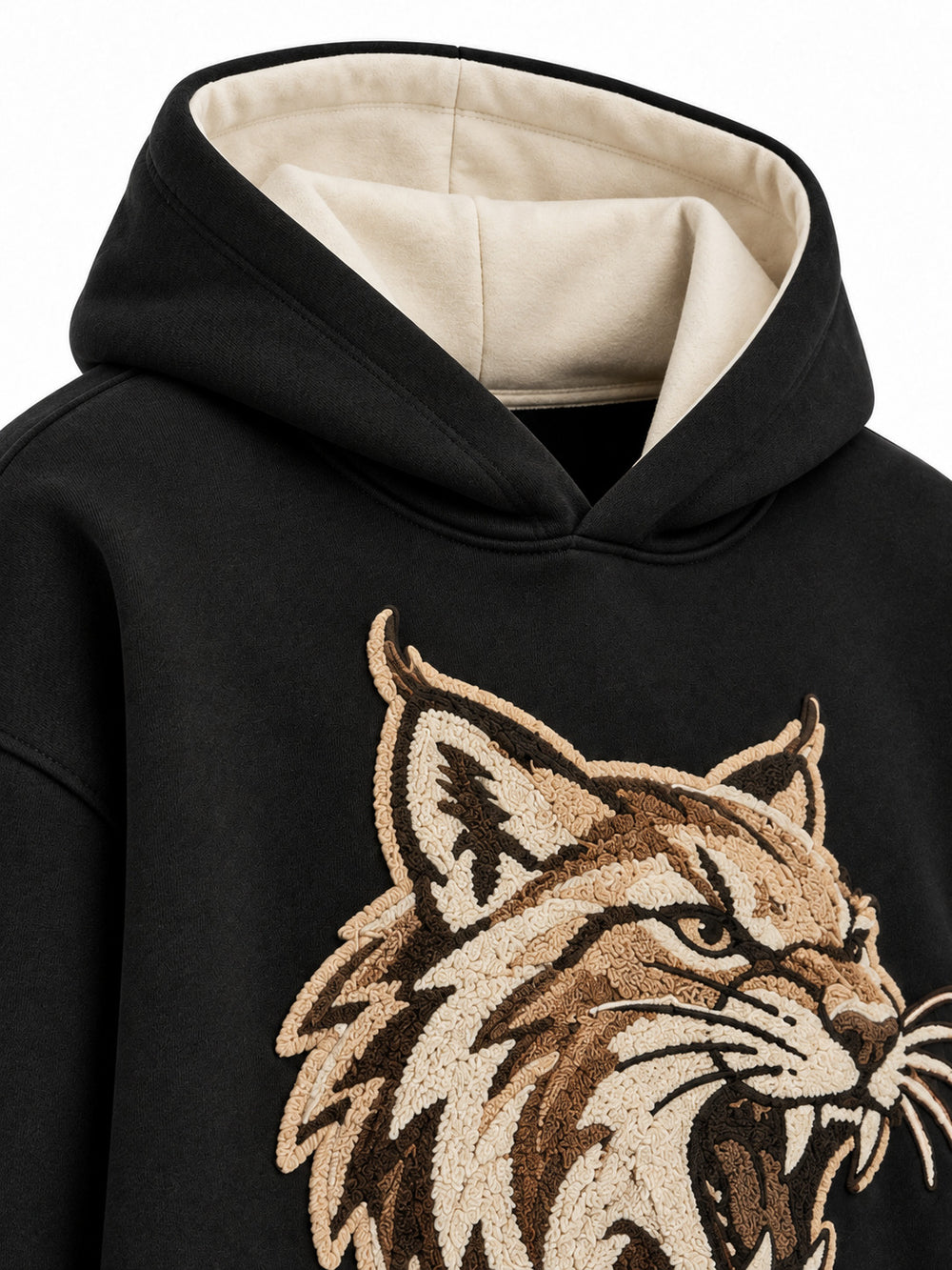 Close-up of the hood and neckline of the Wildcat black chenille hoodie