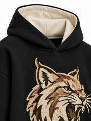 Close-up of the hood and neckline of the Wildcat black chenille hoodie