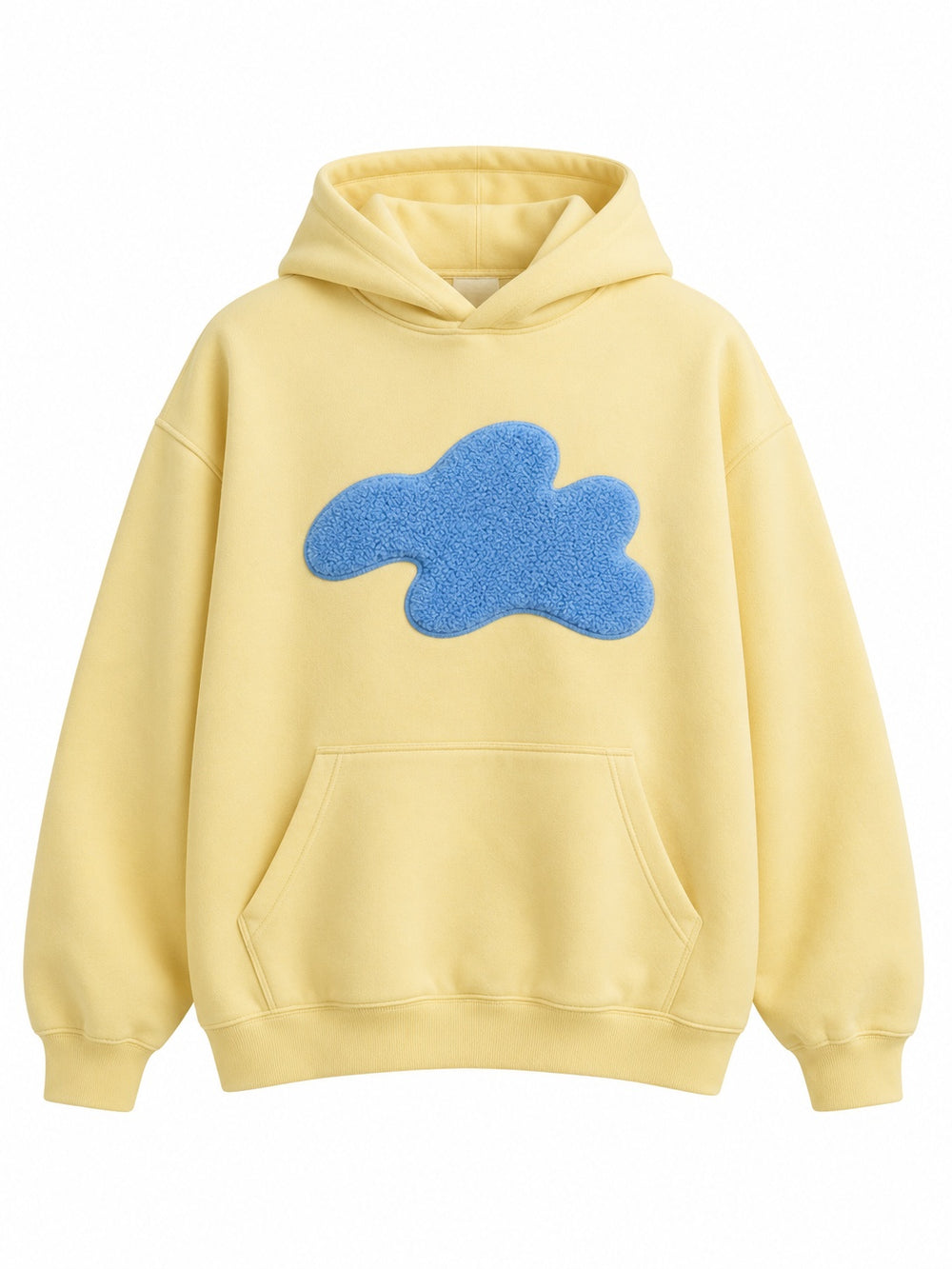 Front view of the Sky Patch butter yellow chenille oversized hoodie with large blue chenille cloud-shaped patch on the chest